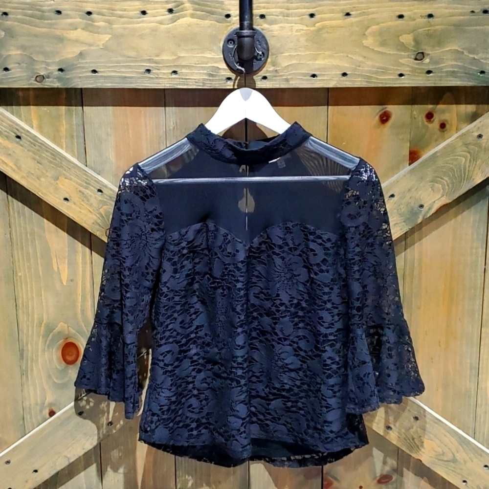 BLACK MOCK NECK LACE TOP 3/4 BELL SLEEVES WHIMSIGOTH Wednesday Dark Academia